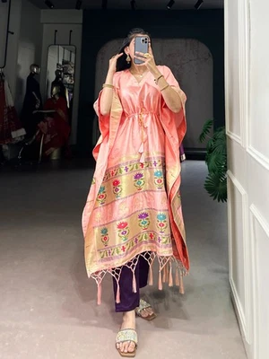 Indio Paithani Caftán Puro Gaji Seda Abaya Mujer Marroquí Dubái Modesto Ropa - Imagen 1 de 4