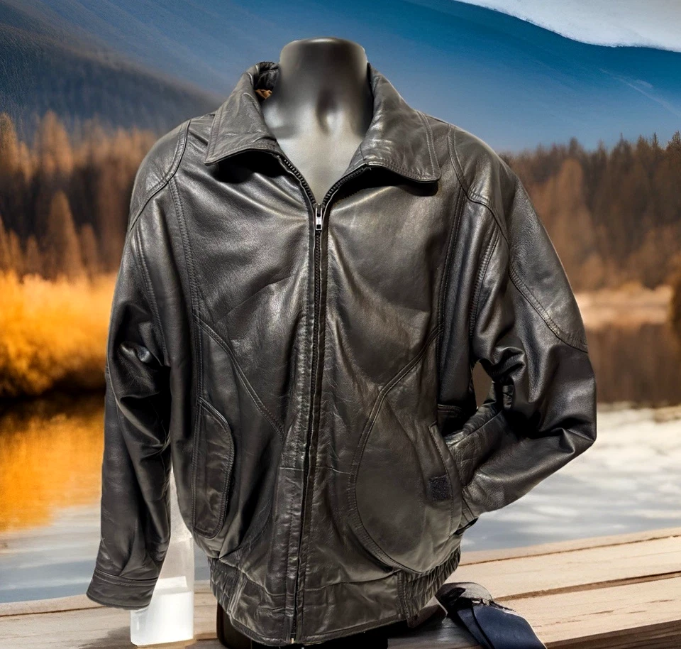 Chaqueta de bombardero negra de piel de cordero 100 % cuero genuino para hombre talla M Foto 2 de 4