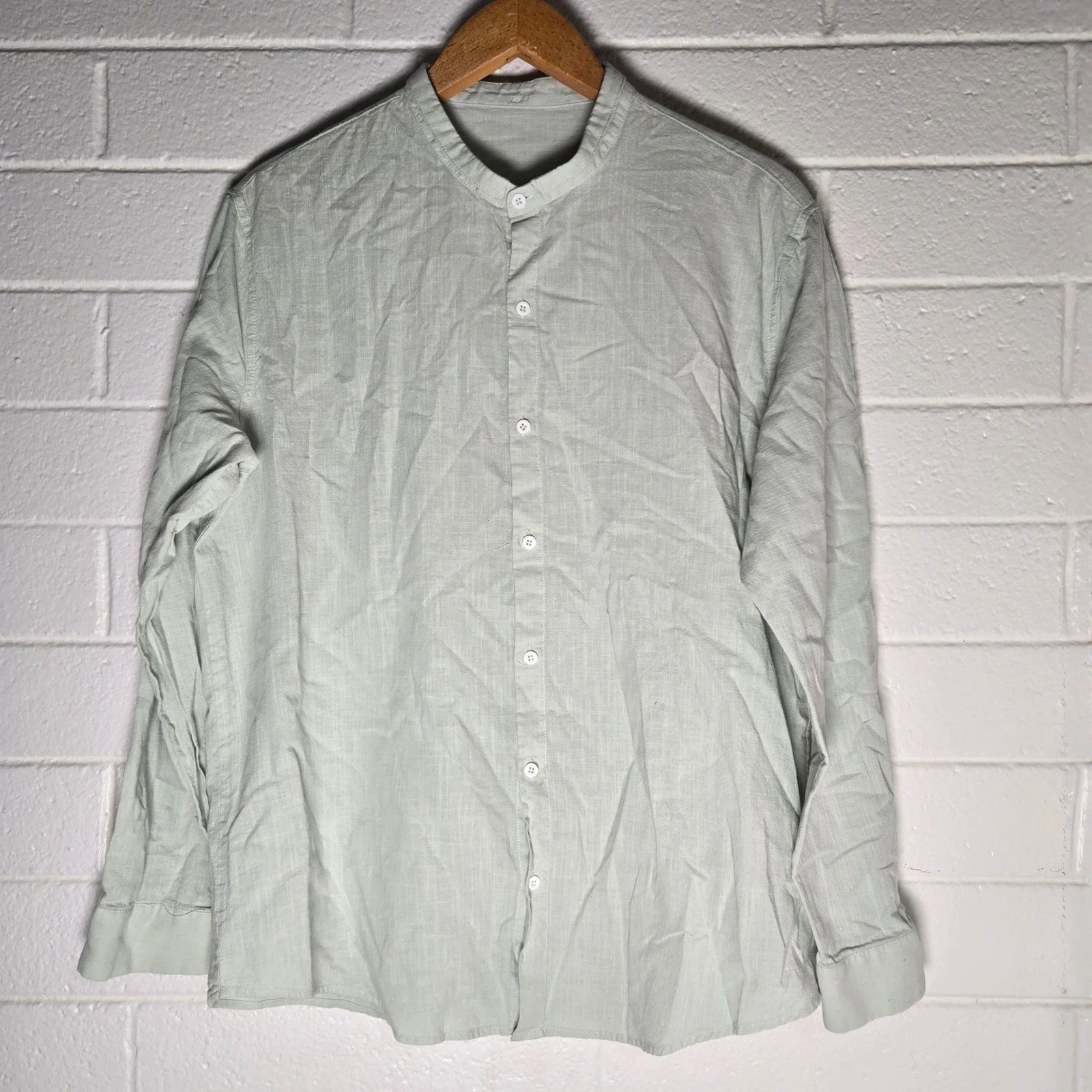 Mint Green Linen Blend Grandad Collar Shirt Mens XL Long Sleeve Casual Wedding
Opens in a new window