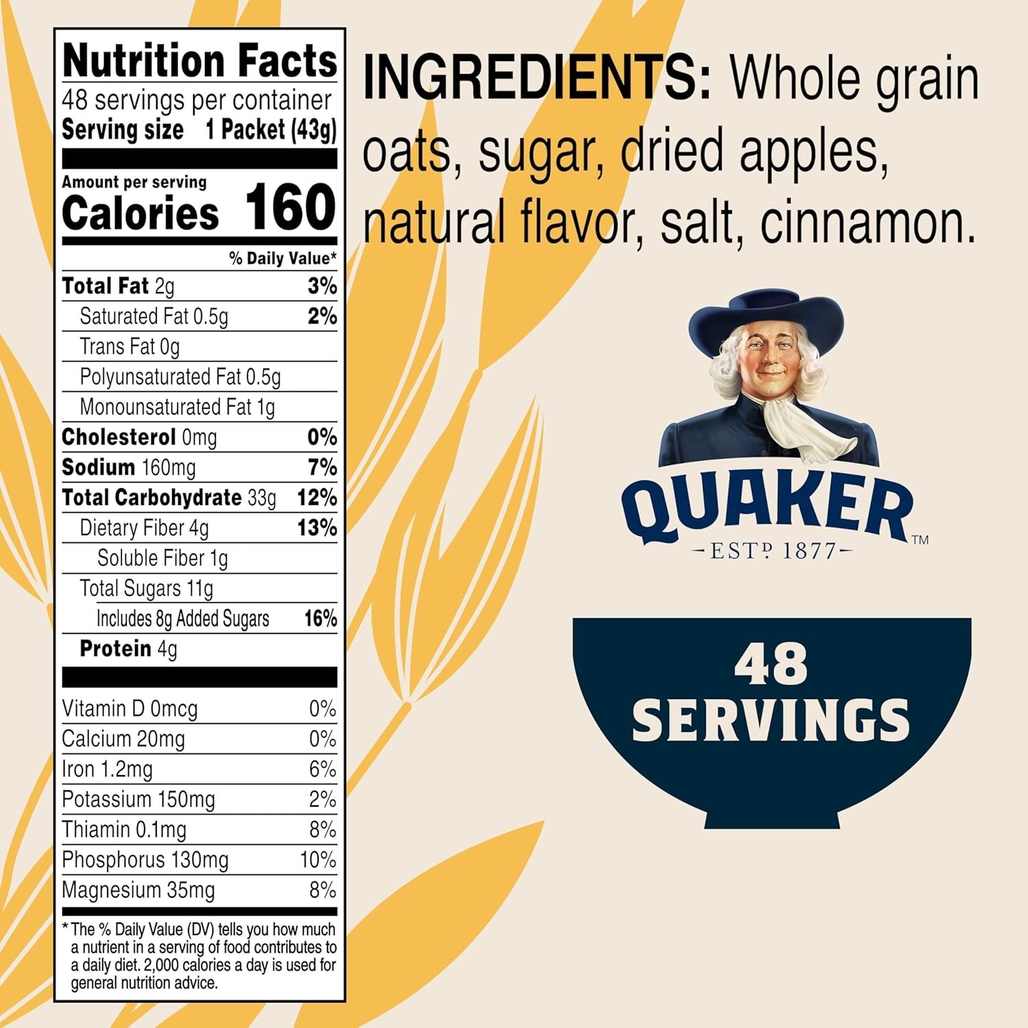 Quaker Instant Oatmeal, Apples and Cinnamon, Packets (48 Count of 1.51 oz )