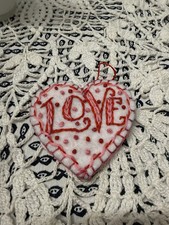 Handmade Embroidered Valentines Day Felt Heart White Red and Pink Ornament