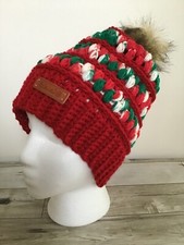 Handmade NEW Red White Green Crochet Knit Hat Cap Beanie Pompom Slouchy