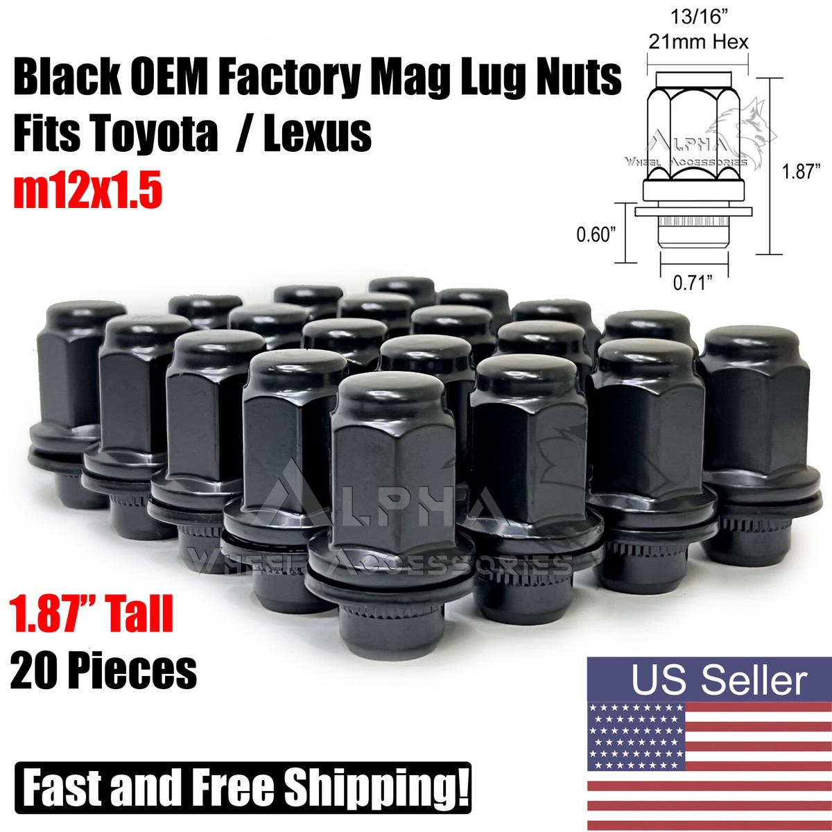 20 Black OEM Factory Style 12x1.5 Mag Lug Nuts 1.87