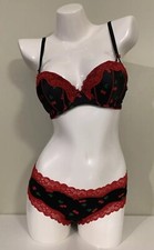 NEW Victoria's Secret Tease Push Up Bra  Cheeky Panty Set Black Red Cherry