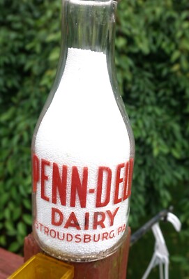 Nice Red Pyro Penn-Dell Dairy from Stroudsburg, Pa. round quart milk bottle