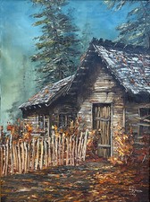 GENE WAGGONER VTG SIGNED ORIG OIL PAINTING LANDSCAPE W/ CABIN AND PINE TREES