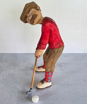 Vintage Hand Carved Wood Golfer Distinguished Man Golf Club Ball Figurine Decor