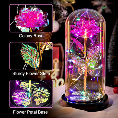 Galaxy Rose In Glass Dome With LED Light - Eternal Forever Flower Gift For Mom, Wife, Birthday & Anniversary
