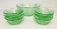 Green Depression Glass - 9 piece dessert / sweet set. Master bowl & nappy bowls