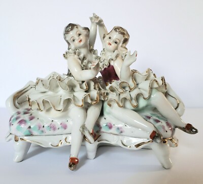 Vintage Two Ballerinas Sitting on Couch Hand Painted Porcelain Girls Sisters 