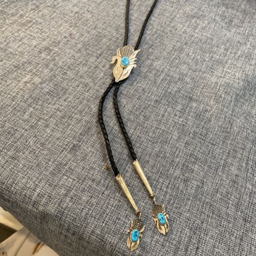 VTG NAVAJO STERLING SILVER & TURQUOISE BOLO TIE Signed RS
