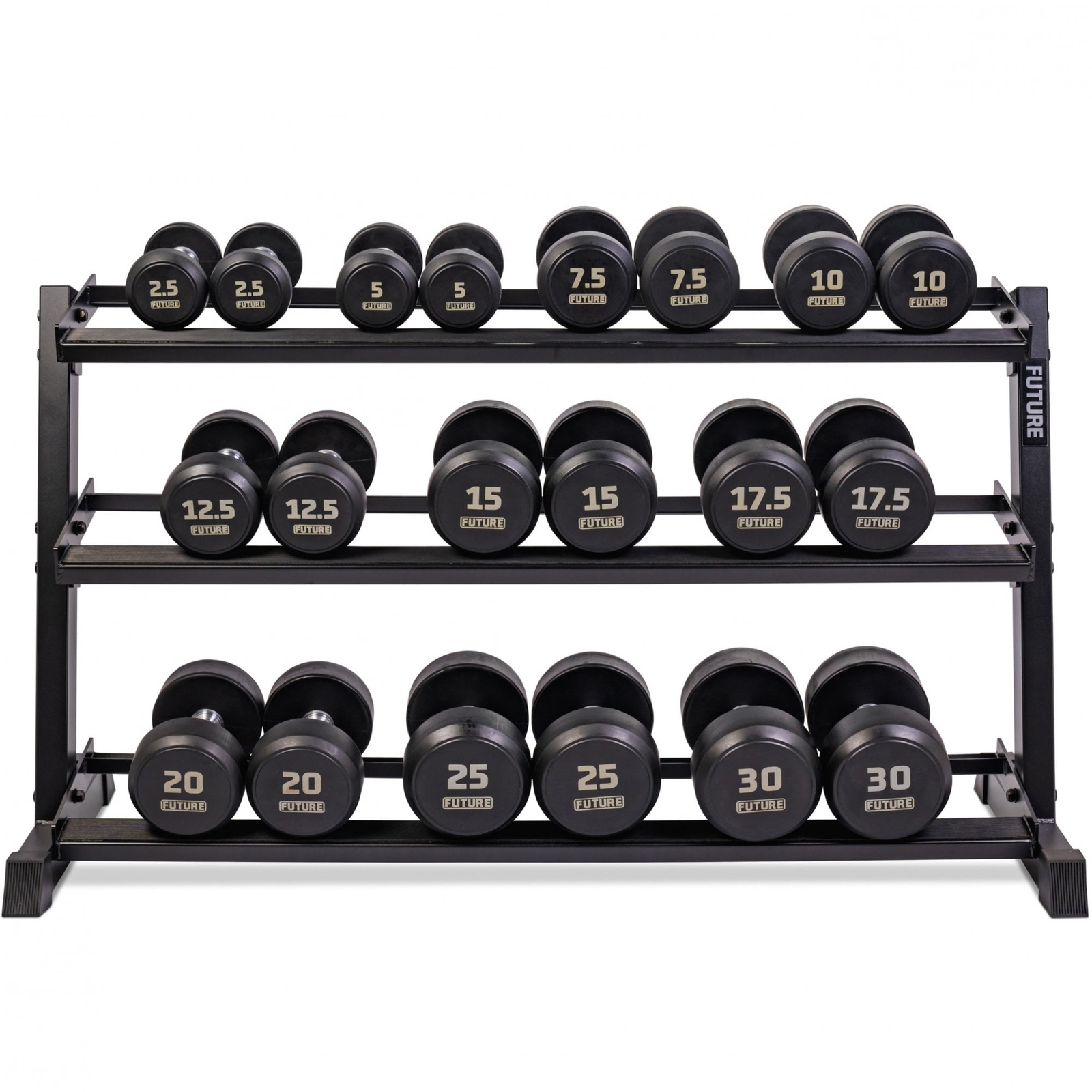 Future 2.5 - 30kg Premium Rubber Dumbbell Set & 3 Tier Rack (10 Pairs)