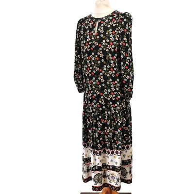M&S Puff Sleeve Floral Midi Dress Black Multi Tiered Size XS Suits 8-10 