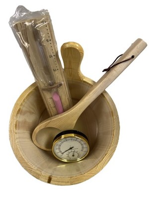 Sauna Bucket, Ladle, Sand Timer & Thermo-Hygrometer Bundle (NEW)