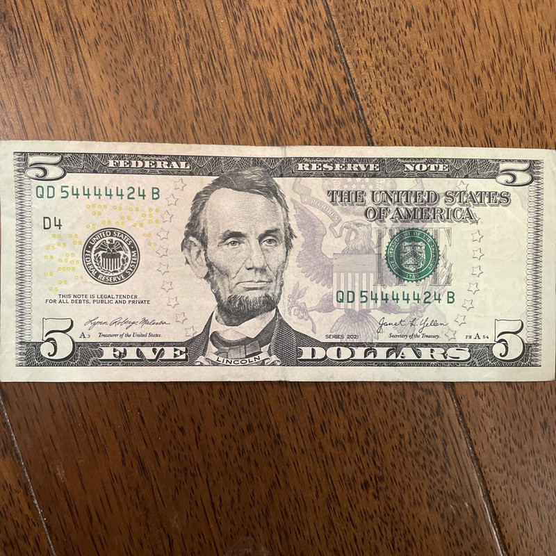 Fancy Serials Numbers “Trinary” 444444s $5 2021 QD(54444424)B