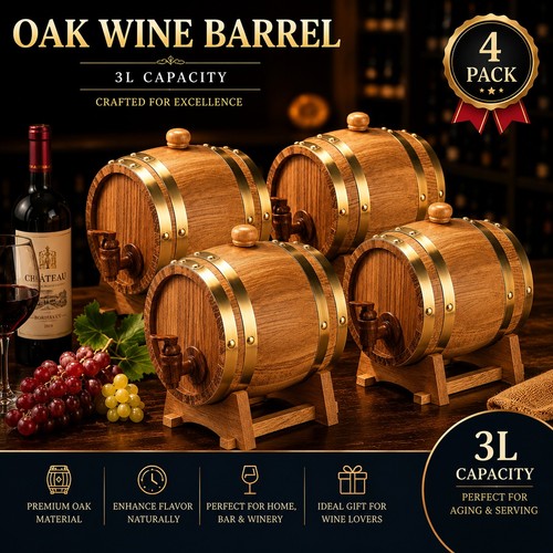 4 PACK 3L Oak Wooden Wine Barrel Dispenser Beer Whiskey Wooden Cask For Home Bar