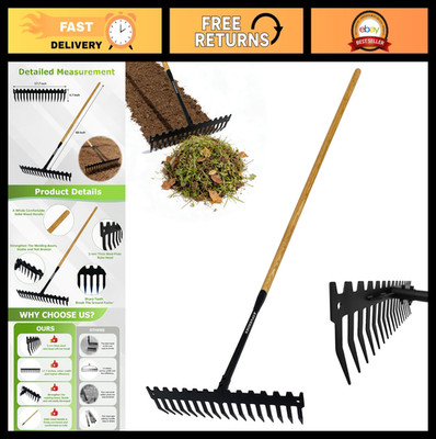 Heavy Duty 60'' Wooden Handle Garden Rake - 17-Tine Metal Bow Rake for Soil, Grav
