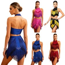 Womens Rumba Halter Dancewear 2-piece Set Figure Skating Competition Outfits