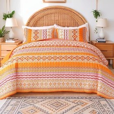 Boho Quilt Set Queen Size Orange Coverlet Bedspread Bohemian Striped Bed Cove...