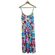 Old Navy Floral Watercolor Maxi Dress Pink Blue Sleeveless Smocked Boho Size L
