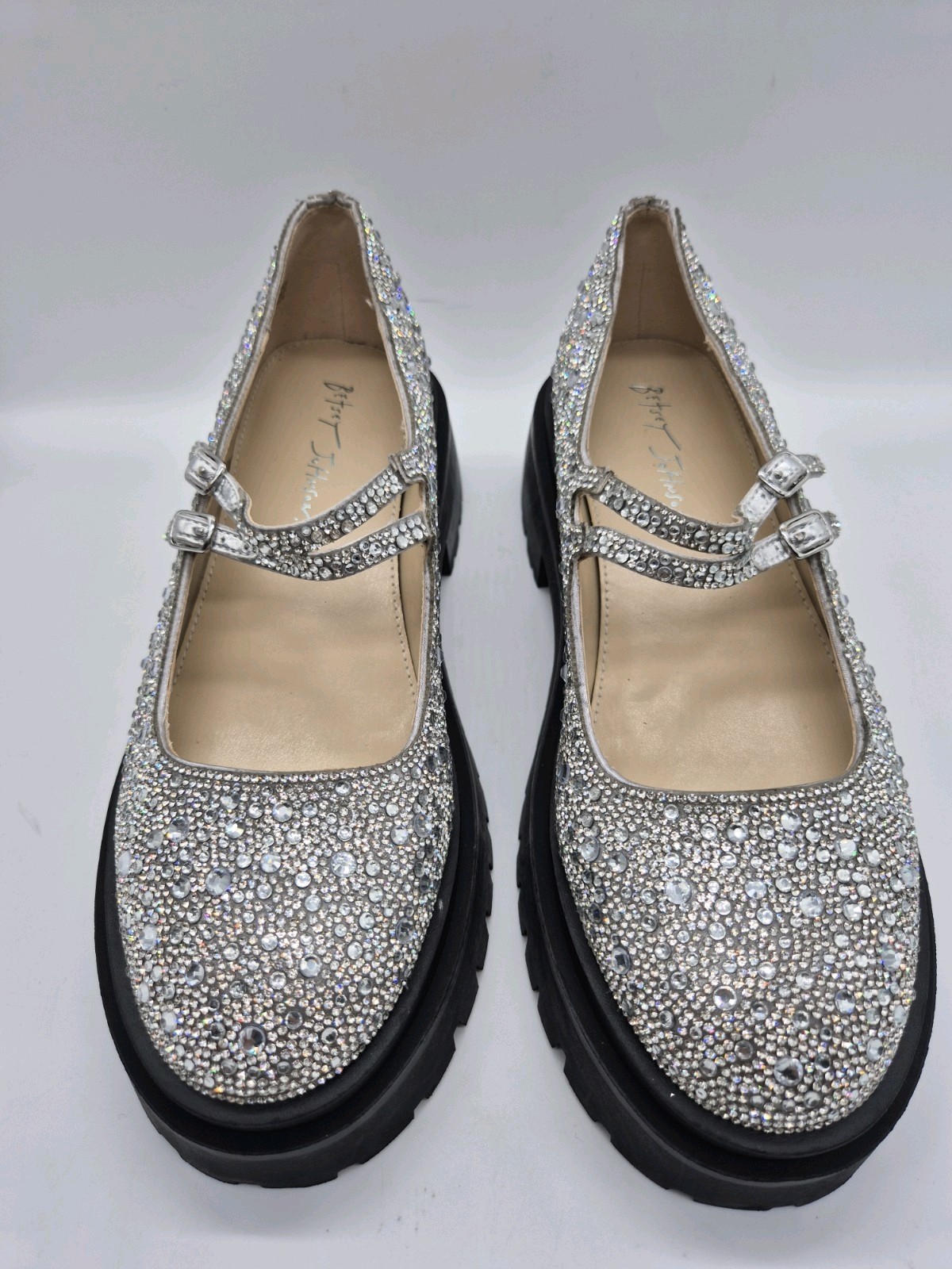 SAOLA Scarpe da donna Betsey Johnson misura 9 5 argento strass Mary Jane suola grossa 606
