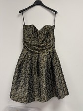 Next Black & Gold Paisley Floral Strapless Party Dress Boned Bustier Flare UK 10