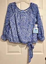 Cece Women's Blue & White Floral Print Blouse Long Sleeves Tie Waist Size XL NWT