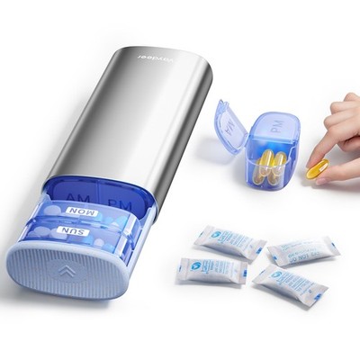 Vaydeer AM/PM Metal Pill Organizer, Organizer 2 Times a Day, Silver
