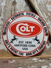 VINTAGE COLT PORCELAIN SIGN OLD GUN FIREARM RIFLE HORSE 1961 CONNETICUT REVOLVER