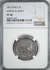 1813 Italy 2L Lire Naples & Sicily NGC VF30