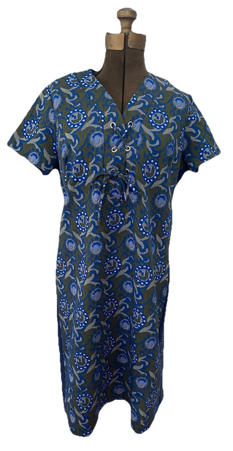 Vintage Tunic Tie Front Shift Dress 1970s Blue Green 70s Floral Bohemian