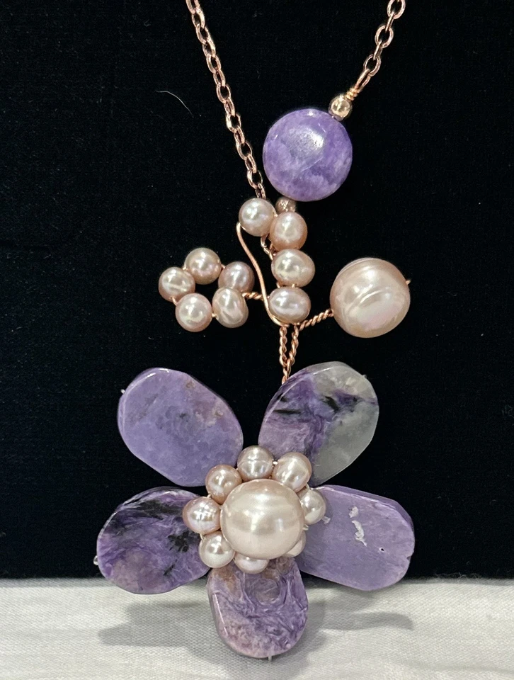 Genuine Charoite With Pearls Floral Necklace, Bracelet And Earrings Set - Image 2 of 4