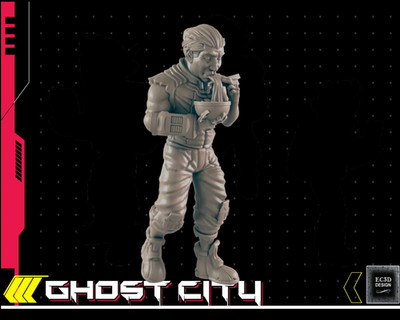 Civilian with bionic hand eating noodles - Cyberpunk/Sci-Fi NPC - 28mm or 32mm -