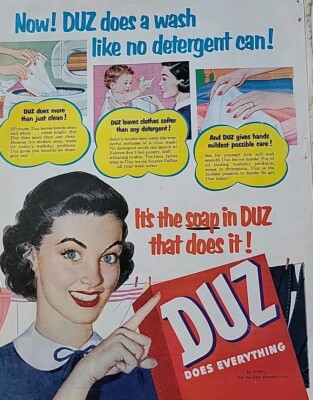 1954 Duz Laundry Soap Detergent Does Wash Like No Can Vintage Ad
