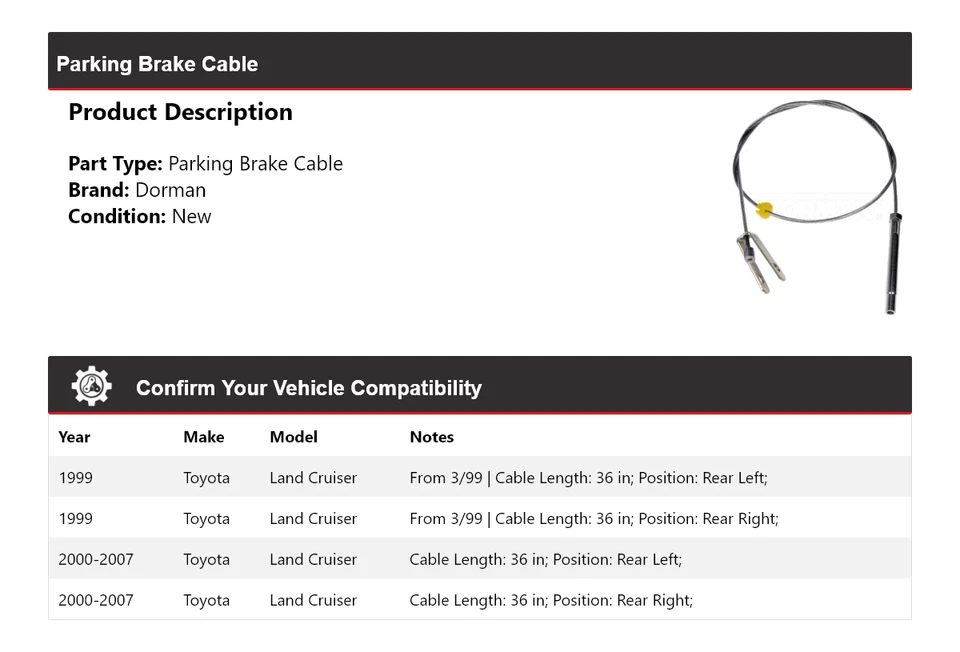 Cable de freno de estacionamiento para Toyota Land Cruiser Dorman 1999-2007 2000 2001 2002 2003 Foto 2 de 4
