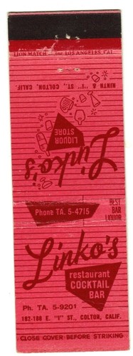 LINKO'S matchbook matchcover - COLTON, CALIFORNIA
