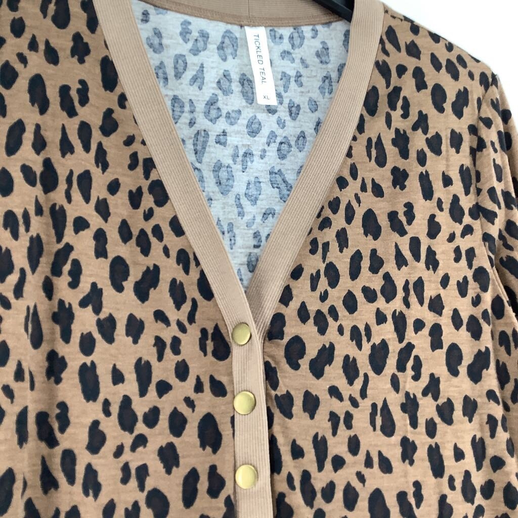 Tickled Teal Women's Cardigan Sweater Brown Leopard Print Stretch