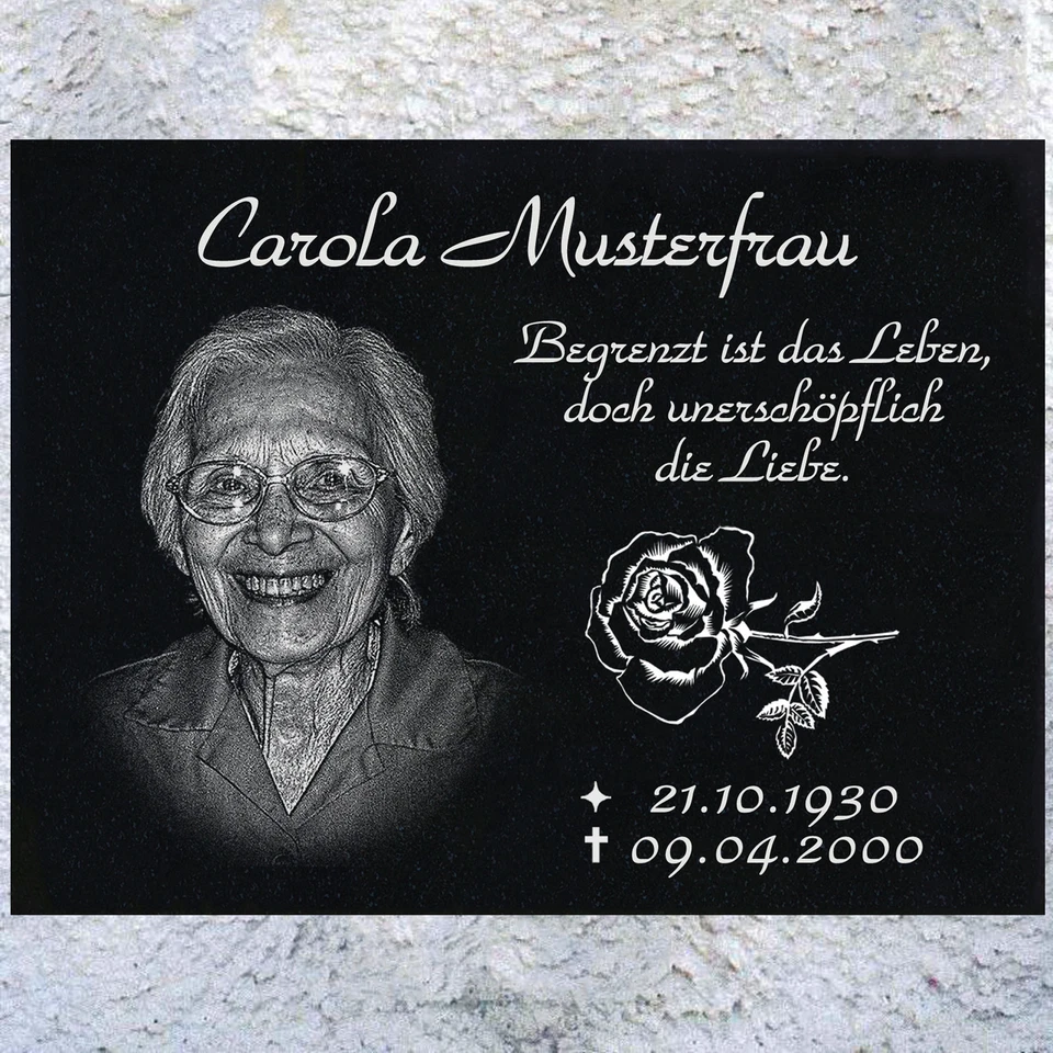 LASERART24 GRANIT Grabplatte Grabmal Gedenkstein Grabstein g02 Aufschrift+Fotogravur► 40x40