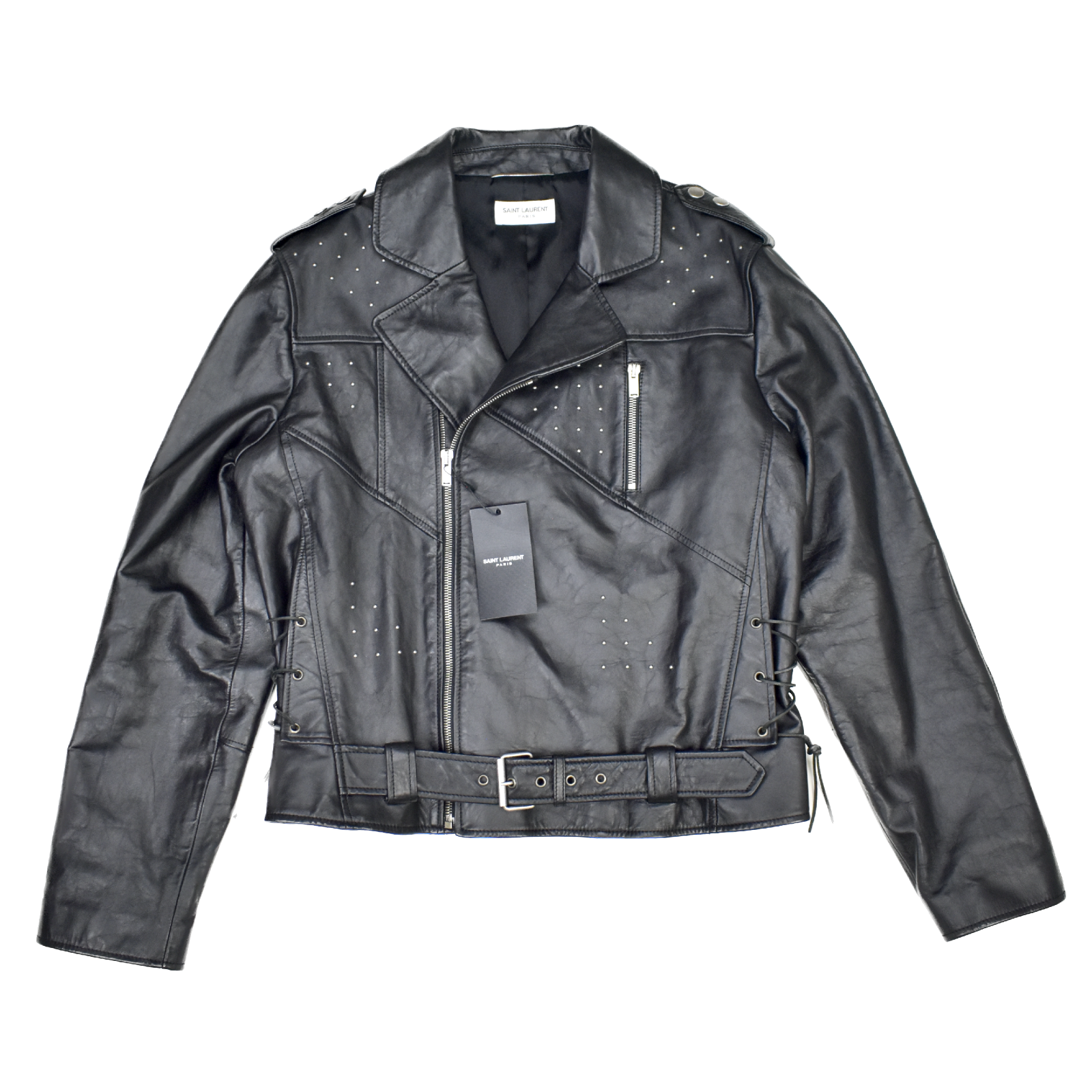 Giacca Biker Nuova con Etichette $5390 Saint Laurent Nera Borchie Pelle di Vitello 48 Uomo AUTENTICA
