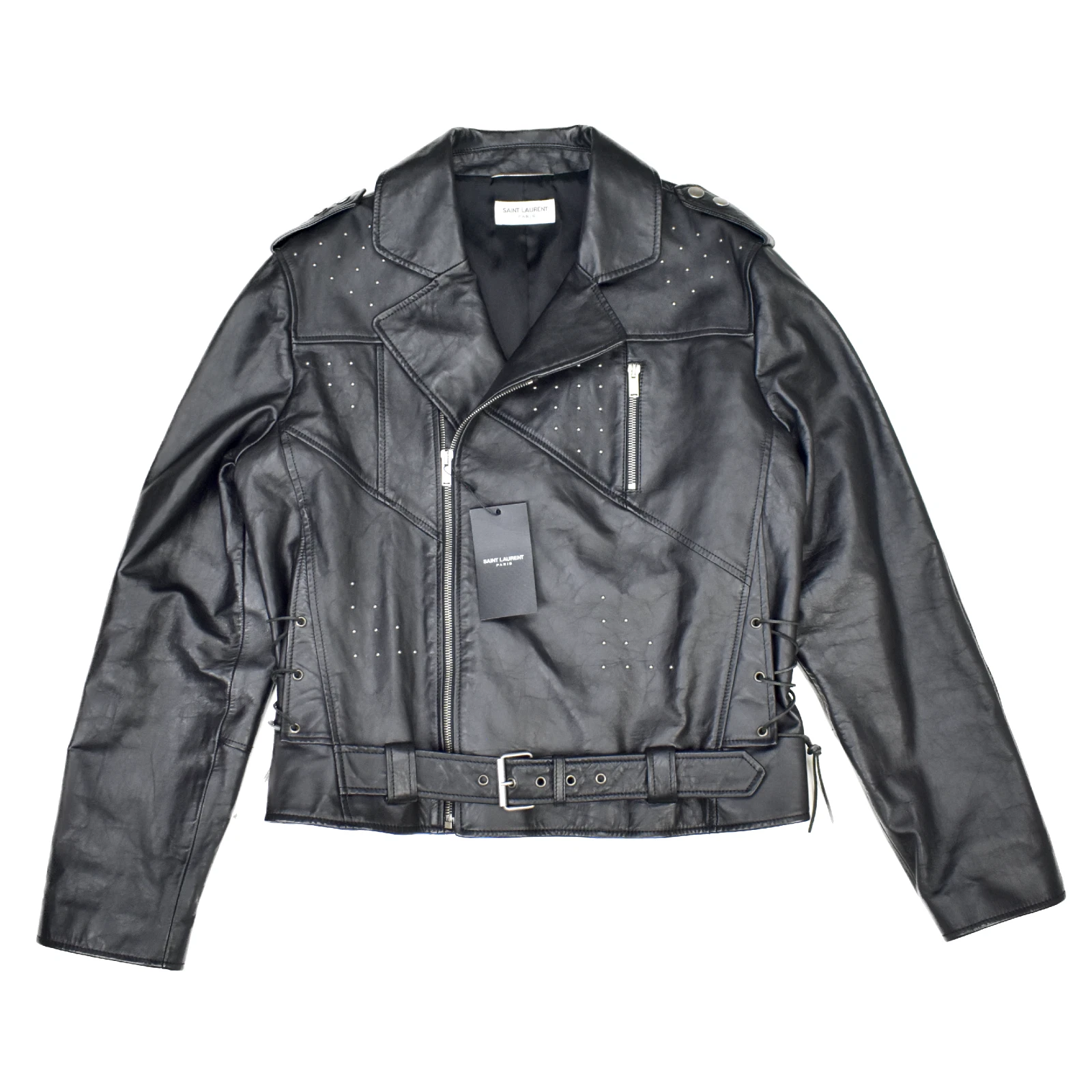 SAINT LAURENT (YSL) Giacca Biker Nuova con etichette $5390 Saint Laurent nera borchie in pelle di vitello 54 Uomo AUTENTICA