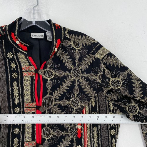 Chicos Size 1 Blazer Jacket Womens Medium Black Gold Floral Wire Toggle Asian - Picture 4 of 12