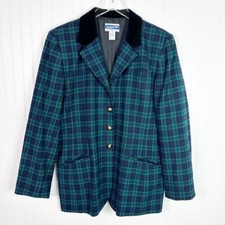 Vintage Pendleton Wool Tartan Plaid Navy Green Button Front Blazer Jacket 14