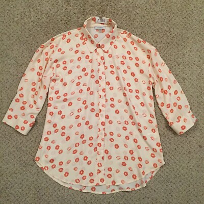 Cupio Shirt Womens Medium Pink All Over Kisses 3/4 Sleeve Button Up Polyester