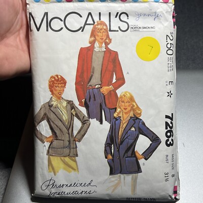 McCalls Pattern 7263 Jacket Lined 3 Variations Misses 8 Cut Vintage 1980