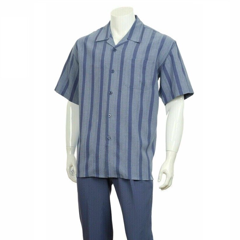 Image 3 - Men's 2pc Walking Suit Short Sleeve Striped Shirt &amp; Solid Long Pants Set #2974 