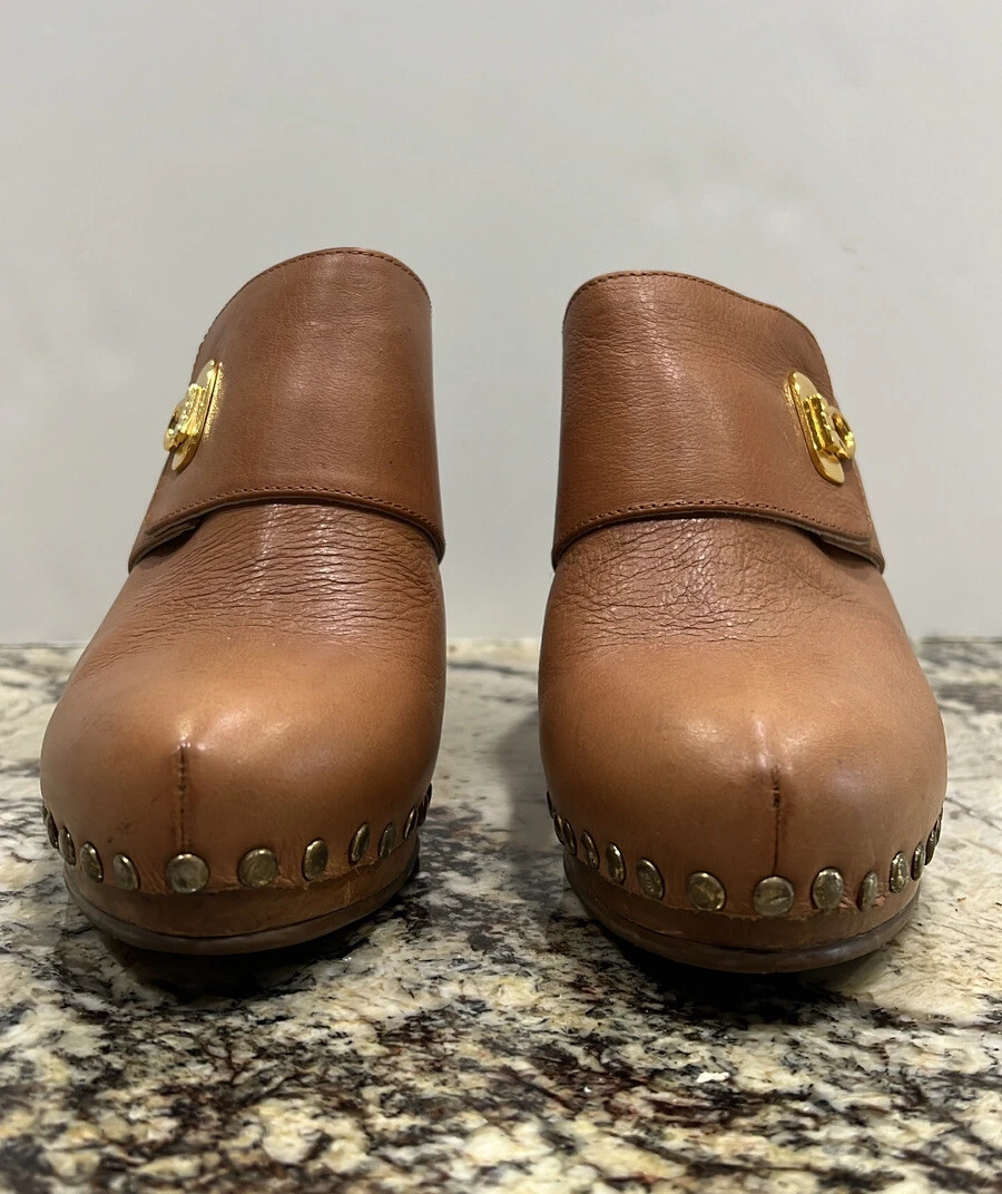 Women Velez Brown Leather Clogs Studded Zuecos Velez Shoes Size 38