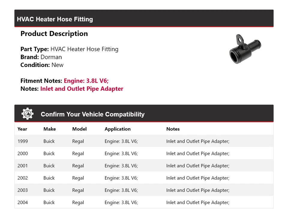 Для 1999-2004 Buick Regal 3,8 л V6 Dorman шланг нагревателя ОВК 2000 2001 2002 - Изображение 2 из 4