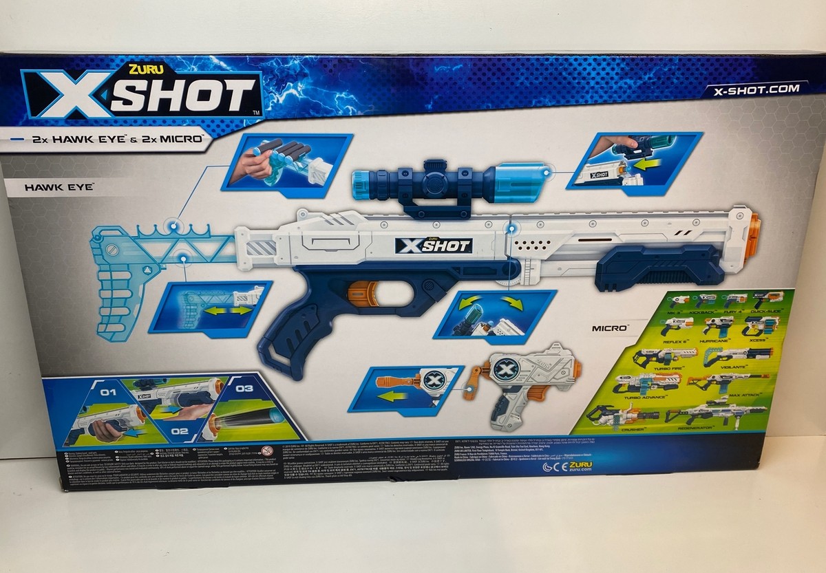 ZURU Xshot 2x Hawk Eye and 2x Micros With 24 Darts 90ft Pi