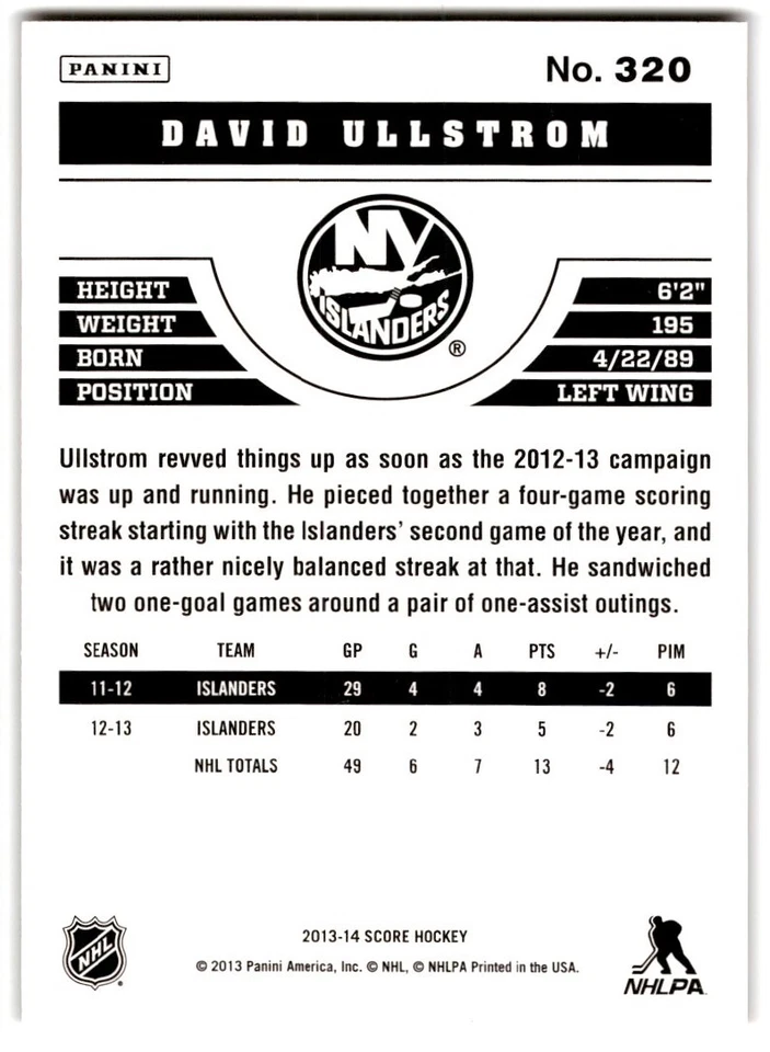 2013-14 Score Gold David Ullstrom #320 New York Islanders - Image 2 of 2
