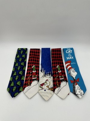 Dr Seuss Grinch Cat In The Hat Tie Lot Mens Silk Christmas Novelty Cartoon